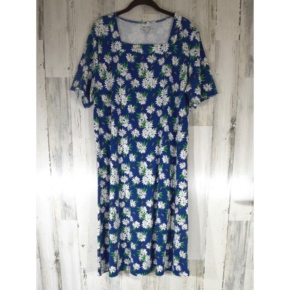 Vicki‎ Wayne Dress XL Blue Floral Daisy Butterfly Square Neck Short Sleeve Midi